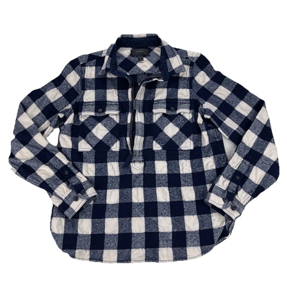 J Crew 1/2 Zip Wool Pullover Top Women’s Size M Navy Blue Checkered Earthy - Picture 1 of 12